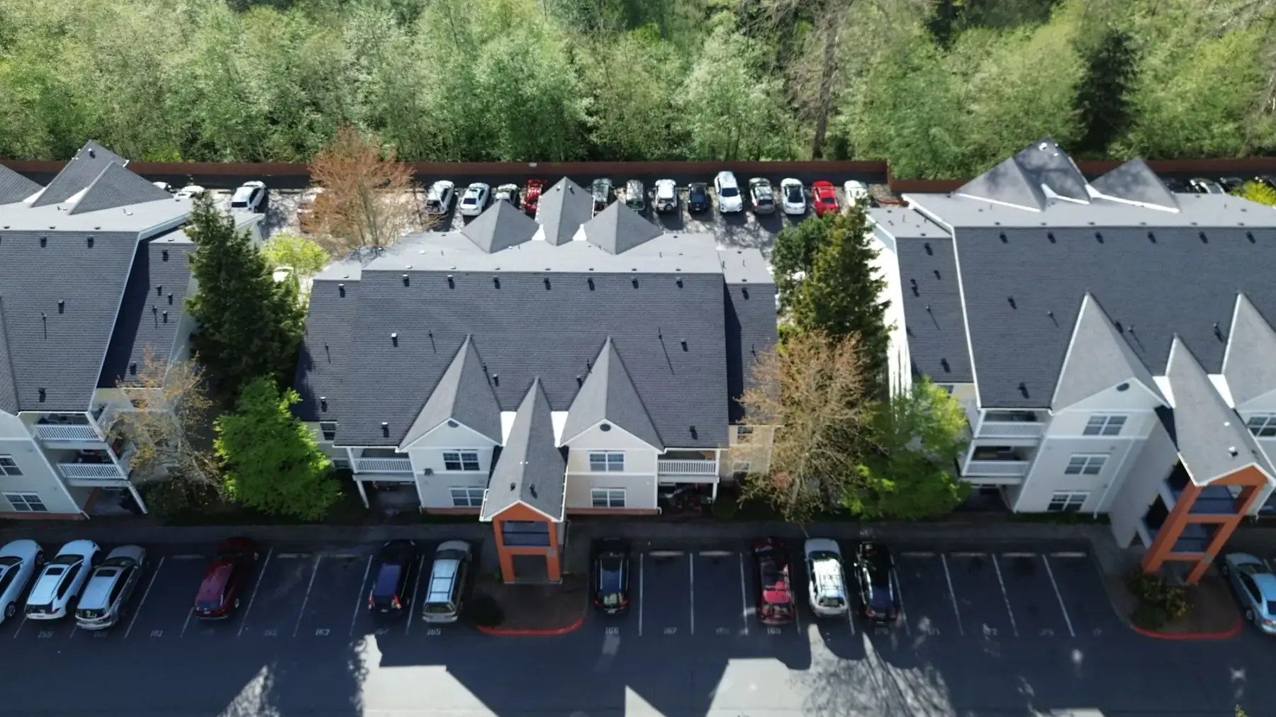 Aerial drone view of multi-building apartment community in Snohomish County with completed asphalt roofs by Amor Roofing