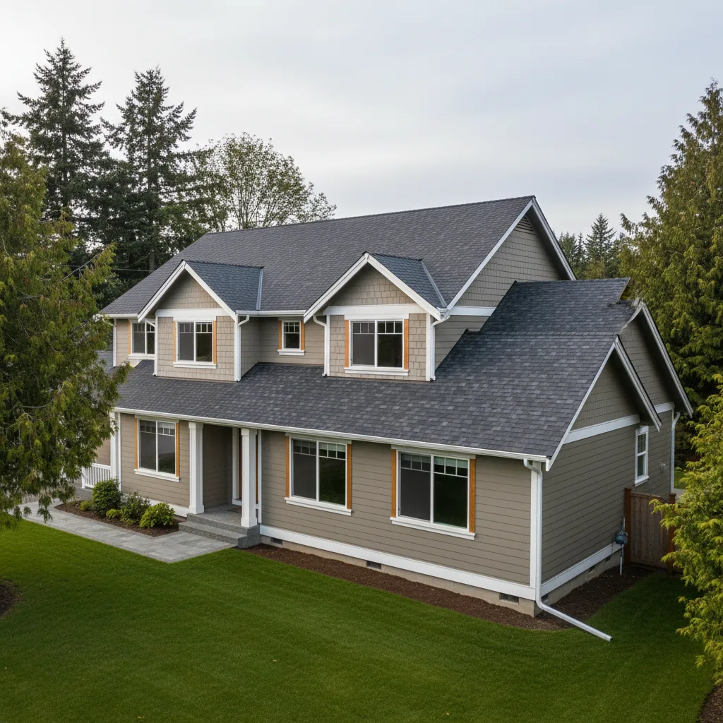 Wide cinematic view of a Pacific Northwest craftsman home with a freshly installed seamless white aluminum gutter system along the entire eave